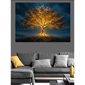 Altın Parlayan Yalnız Ağaç Dekoratif Kanvas - Mdf Ahşap Tablo 100x140 cm