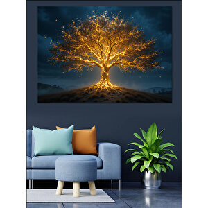 Altın Parlayan Yalnız Ağaç Dekoratif Kanvas - Mdf Ahşap Tablo 100x140 cm