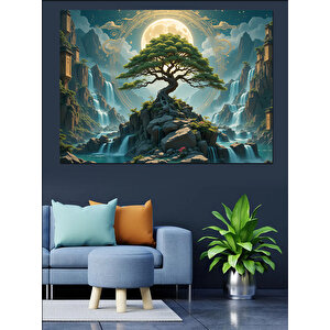 Dağlar Arasında Bonsai Ağaç Dekoratif Kanvas - Mdf Ahşap Tablo 70x100 cm