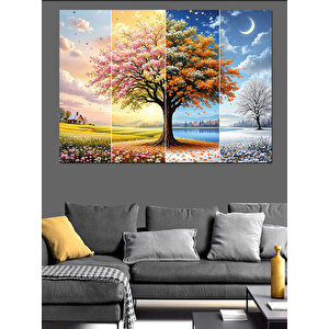 Dört Mevsim Ağaç Manzarası Dekoratif Kanvas - Mdf Ahşap Tablo 50x70 cm