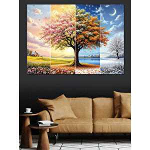 Dört Mevsim Ağaç Manzarası Dekoratif Kanvas - Mdf Ahşap Tablo 50x70 cm