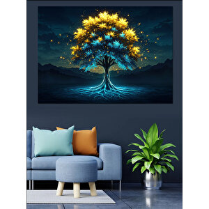 Karanlıkta Parlayan Mavi Ağaç Dekoratif Kanvas - Mdf Ahşap Tablo