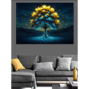 Karanlıkta Parlayan Mavi Ağaç Dekoratif Kanvas - Mdf Ahşap Tablo 100x140 cm