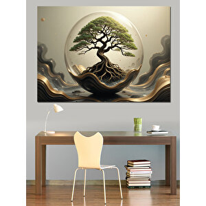 Dairesel Bonsai Ağaç Kompozisyonu Dekoratif Kanvas - Mdf Ahşap Tablo 25x35 cm
