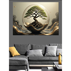Dairesel Bonsai Ağaç Kompozisyonu Dekoratif Kanvas - Mdf Ahşap Tablo 25x35 cm