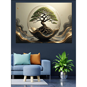 Dairesel Bonsai Ağaç Kompozisyonu Dekoratif Kanvas - Mdf Ahşap Tablo