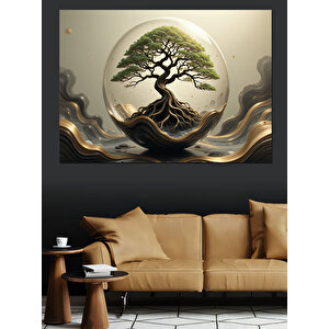 Dairesel Bonsai Ağaç Kompozisyonu Dekoratif Kanvas - Mdf Ahşap Tablo 100x140 cm