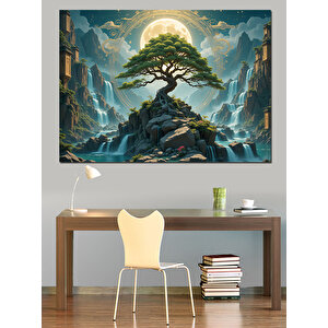 Dağlar Arasında Bonsai Ağaç Dekoratif Kanvas - Mdf Ahşap Tablo