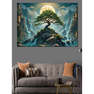 Dağlar Arasında Bonsai Ağaç Dekoratif Kanvas - Mdf Ahşap Tablo