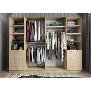 Arin Aynalı 6 Kapaklı Gardırop Dolap Giyinme Dolabı Meşe 230 Cm Montaj Dahil