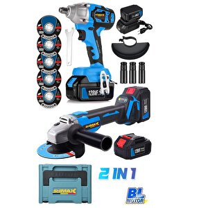 Yüksek Torklu Çift Güçlü 10 Pilli X2 Akülü Somun Sökme Bijon Seti + Akülü Taşlama Spiral Makinesi