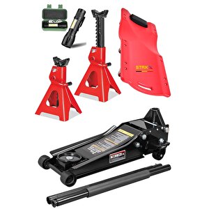 3ton Hidrolik Paslanmaz Çift Piston Düşük Kaldırma Krikosu + 3ton Sehpa Kriko + Tamirci Kızağı Set