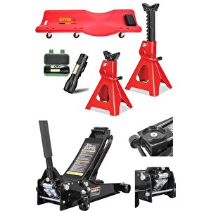 3ton Hidrolik Paslanmaz Çift Piston Düşük Kaldırma Krikosu + 3ton Sehpa Kriko + Tamirci Kızağı Set