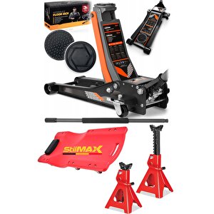 3ton Düşük Profil Çift Piston Güçlendirilmiş Kriko + 3ton Sehpa Kriko Seti Tamirci Kızağı Garaj Seti