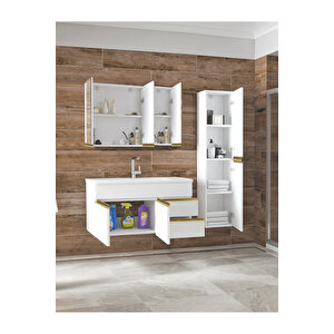 Esen Beyaz Gold 100+35 Cm Mdf Lavabolu Banyo Dolabı Boy Dolaplı Banyo Lavabo Dolabı Hazır Kurulu