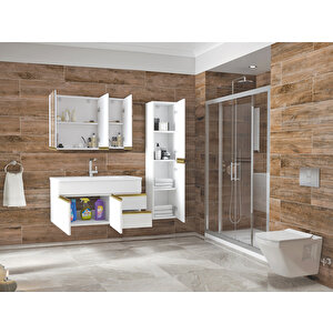 Esen Beyaz Gold 100+35 Cm Mdf Lavabolu Banyo Dolabı Boy Dolaplı Banyo Lavabo Dolabı Hazır Kurulu