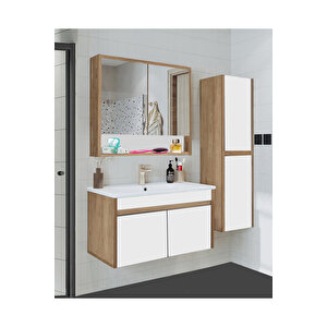 Serena Ea 80 Cm Seramik Lavabolu Banyo Dolabı Seti, Boy Dolaplı, Mdf, 80+35 Cm Bey-bey