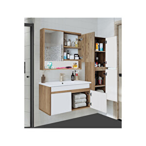 Serena Ea 80 Cm Seramik Lavabolu Banyo Dolabı Seti, Boy Dolaplı, Mdf, 80+35 Cm Bey-bey