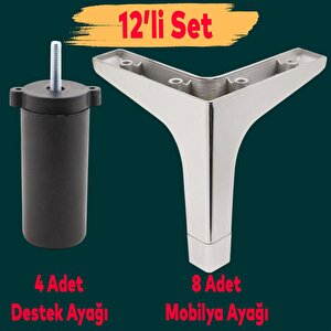 Mobilya Kanepe Sehpa Tv Ünitesi Koltuk Destek Ayağı 12 Cm Krom Baza Ayakları 12'li Set