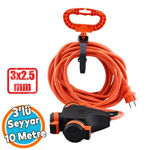 Seyyar Topraklı 3'lü Grup Priz Fiş 10 Metre Çoklu Asmalı Uzatma Kablosu 3x2.5 Mm Monofaze Çoğaltıcı