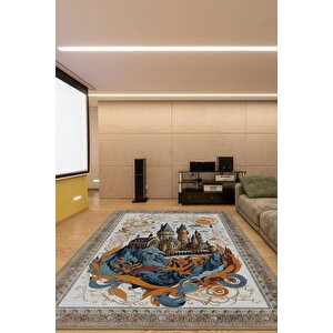 Homshtag Hogwarts Rüyası Bordürlü İran Tarzı  Mavi Turuncu Bej Renk Harry Potter Halısı Çocuk Halısı