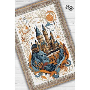 Homshtag Hogwarts Rüyası Bordürlü İran Tarzı  Mavi Turuncu Bej Renk Harry Potter Halısı Çocuk Halısı