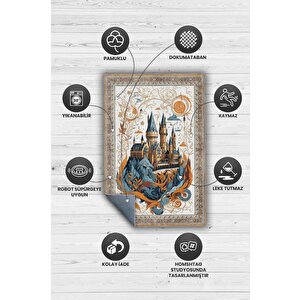 Homshtag Hogwarts Rüyası Bordürlü İran Tarzı  Mavi Turuncu Bej Renk Harry Potter Halısı Çocuk Halısı