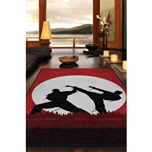 Karete Desenli Halı Kırmızı Siyah Renkli Halı Uzakdoğu Spor Hediyelik Halı Spor Sever Halı 200x300 cm