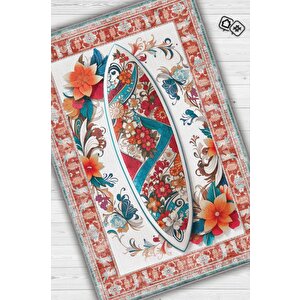 Sörf Tahtası Desenli Halı Kırmızı Siyah Renkli Halı Uzakdoğu Spor Hediyelik Halı Spor Sever Halı 200x300 cm