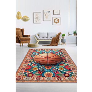Basketbol Topu Desenli Halı Çok Renkli Halı Spor Severe Hediye Halı Spor Sever İçin Çiçekli Halı 100x150 cm