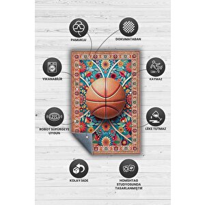 Homshtag Basketbol Topu Desenli Halı Çok Renkli Halı Spor Severe Hediye Halı Spor Sever İçin Çiçekli Halı