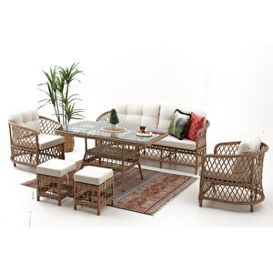 Palm Alüminyum Rattan Bahçe Balkon Oturma Grubu (3+1+1+masa ) Cappuci̇no -krem