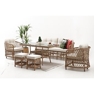 Palm Alüminyum Rattan Bahçe Balkon Oturma Grubu (3+1+1+masa ) Cappuci̇no -krem