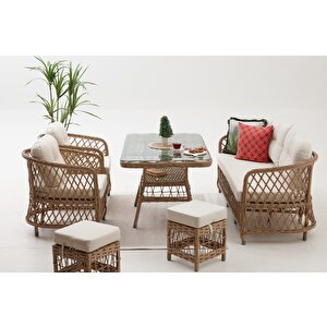 Palm Alüminyum Rattan Bahçe Balkon Oturma Grubu (3+1+1+masa ) Cappuci̇no -krem