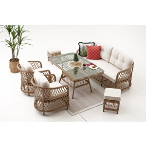 Palm Alüminyum Rattan Bahçe Balkon Oturma Grubu (3+1+1+masa ) Cappuci̇no -krem