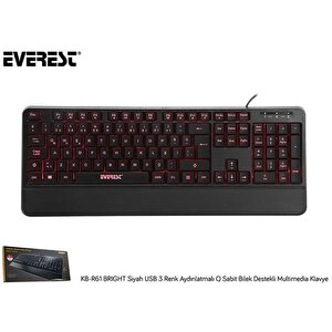 Everest Kb-r61 Bright Siyah Usb 3 Renk Aydınlatmalı Q Sabit Bilek Destekli Multimedia Klavye