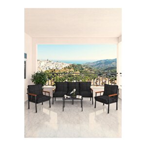 Modern Serisi Bahçe Takımı, Bahçe Mobilyası, Metal Koltuk Takımı - 3+1+1 Sehpalı - Bendir Siyah Siyah