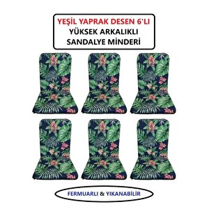Lüks Arkalikli Sandalye Mi̇nderi̇ 6li 4cm Süngerli̇ Yeşi̇l Yaprak Desen