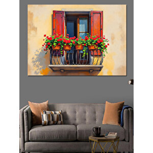 Kırmızı Pencerede Renkli Saksı Dekoratif Kanvas - Mdf Ahşap Tablo 25x35 cm