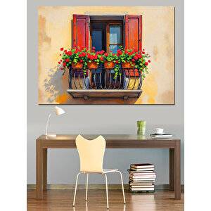 Kırmızı Pencerede Renkli Saksı Dekoratif Kanvas - Mdf Ahşap Tablo 25x35 cm