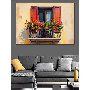 Kırmızı Pencerede Renkli Saksı Dekoratif Kanvas - Mdf Ahşap Tablo 25x35 cm