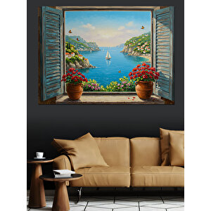 Pencereden Mavi Deniz Manzarası Dekoratif Kanvas - Mdf Ahşap Tablo