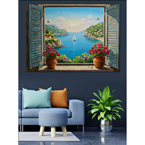 Pencereden Mavi Deniz Manzarası Dekoratif Kanvas - Mdf Ahşap Tablo 25x35 cm