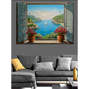 Pencereden Mavi Deniz Manzarası Dekoratif Kanvas - Mdf Ahşap Tablo