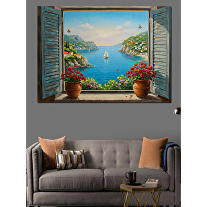 Pencereden Mavi Deniz Manzarası Dekoratif Kanvas - Mdf Ahşap Tablo 35x50 cm