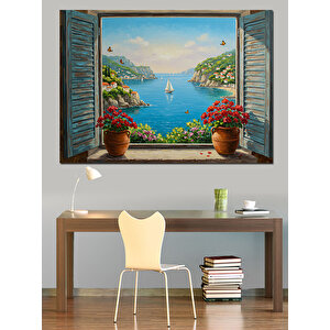 Pencereden Mavi Deniz Manzarası Dekoratif Kanvas - Mdf Ahşap Tablo 35x50 cm