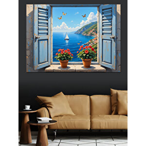 Deniz Manzaralı Açık Pencere Dekoratif Kanvas - Mdf Ahşap Tablo 50x70 cm