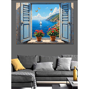 Deniz Manzaralı Açık Pencere Dekoratif Kanvas - Mdf Ahşap Tablo