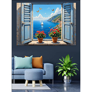 Deniz Manzaralı Açık Pencere Dekoratif Kanvas - Mdf Ahşap Tablo 25x35 cm