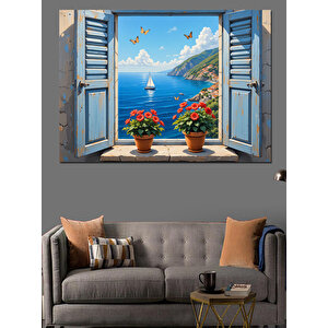 Deniz Manzaralı Açık Pencere Dekoratif Kanvas - Mdf Ahşap Tablo 25x35 cm